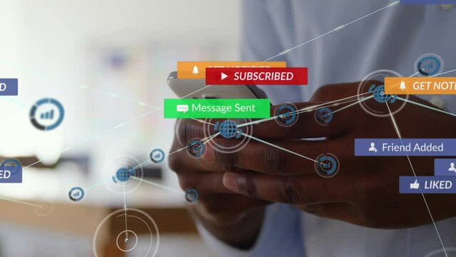Animation of notification bars, connected icons, midsection of african american man using cellphone
