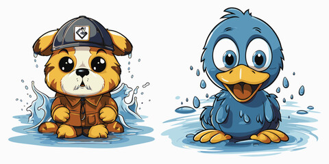 Cute Cat and Duck in water mascot vector illustration