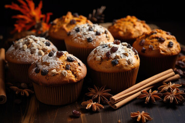 Homemade autumn cupcakes with nuts and cinnamon on a wooden board - Powered by Adobe
