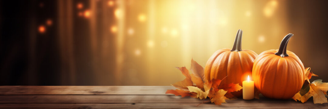 Pumpkins and autumn leaves on wooden planks with copy space,bokeh lights background, fall and halloween panoramic web banner