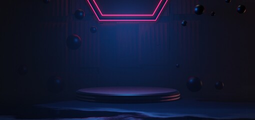 futuristic gaming esports background abstract wallpaper, cyberpunk style scifi game, stage concert scene in pedestal display room, led neon glow light, 3d illustration rendering