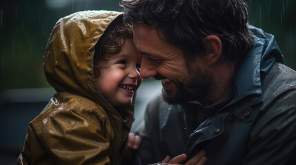 A man holds a boy in his arms in the rain