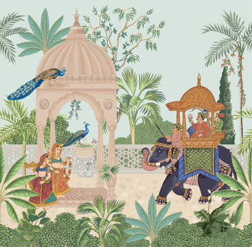 Indian Mughal king riding elephant in a garden with queen, woman, peacock, tree illustration for wall art