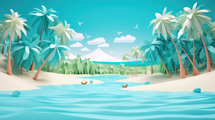 Fototapeta na wymiar Paper art of beach with palm trees
