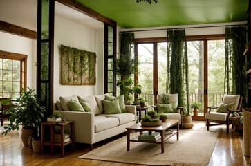 Cozy living room with couch, two chairs, coffee table, and fireplace, indoor plants