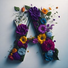 Capital letter A made with beautiful flowers, isolated on white background. Ai generated art