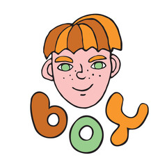 Hand drawn boy head, face kid in cartoon doodle flat style. Vector color cute illustration, clipart