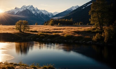 Fototapeta premium Stunning view of a lake, river, waterfall surrounded by mountains