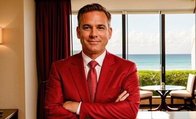 Happy middle-aged businessman CEO standing in hotels and resorts, arms crossed. Smiling mature confident professional executive manager, proud lawyer, businessman leader wearing a red suit.