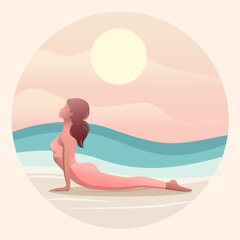 Obraz na płótnie Canvas Young woman performing yoga pose on sunny beach. Vector, colorful background, yoga, colorful flat vector.