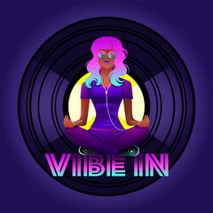 Beautiful woman chilling and relaxing, doing yoga and listening to music. Vector, colorful background, yoga, colorful flat vector.