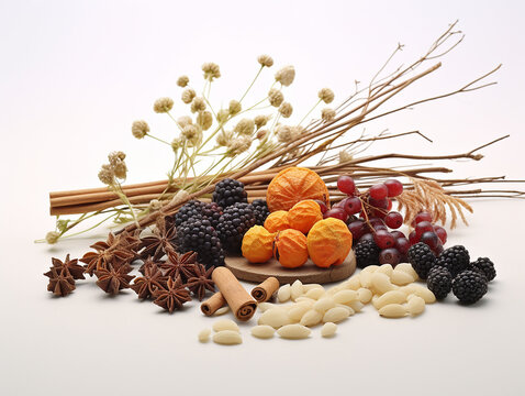 Flowers, dried fruits and nuts on a white background arranged in a Japanese style.