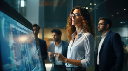 Obraz premium Business woman and her professional team, look at planning broad, serious mood at modren office and tower view background. 