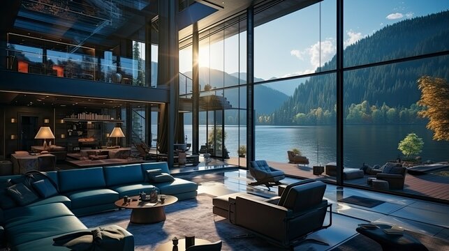 Fototapeta Luxury villa with terrace interior, amazing background