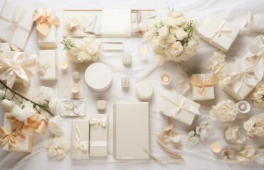 Fototapeta na wymiar stylish, moodboard, gifts, white, ribbons, flowers, boxes, wedding, celebration,