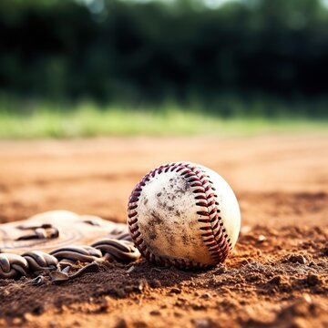 a baseball glove with a ball in it, a photo of a baseball mitt and ball on a dirt field, a baseball field, Generative AI