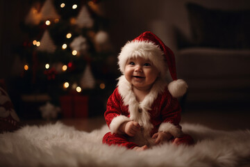 Little child in Santa Claus clothes. Christmas greetings. Generative Ai