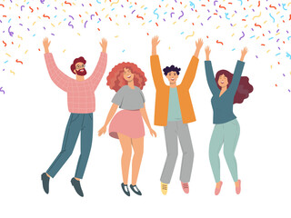 Happy jumping group of people, confetti around. Flat Illustration on transparent background