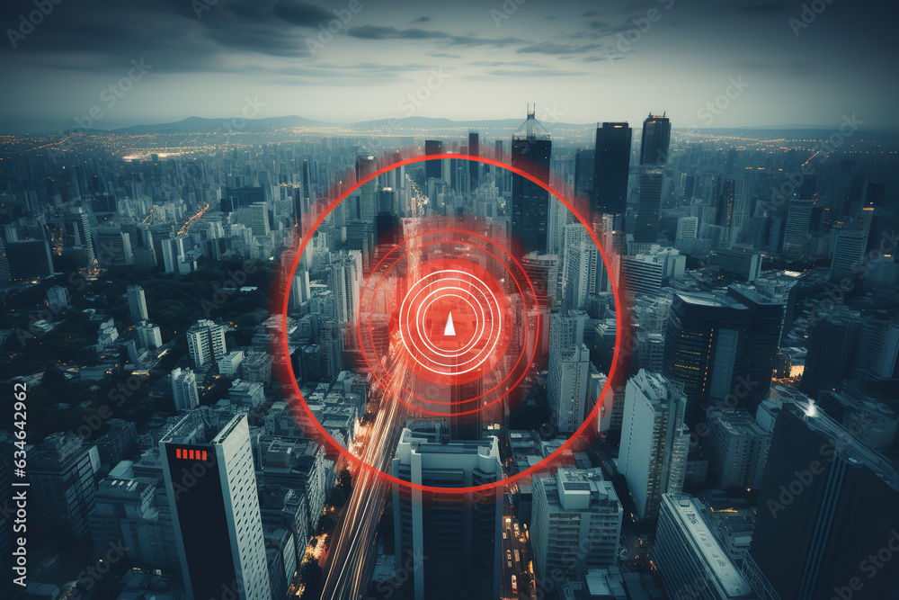 Canvas Prints A glaring alert icon hovers dominantly above a city's intricate digital grid, indicating a potential cyber threat or breach in progress