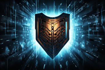 Streams of binary code flow seamlessly behind a robust shield emblem, symbolizing the defense mechanisms of cybersecurity against potential threats
