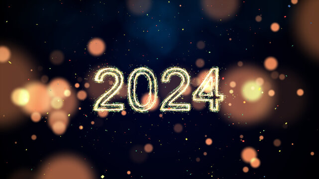 Happy New Year 2024 celebration concept Sparkling slow motion bokeh particle confetti on dark background.