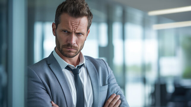 businessman or executive with arms crossed frowning and worried. professional responsibility and concern