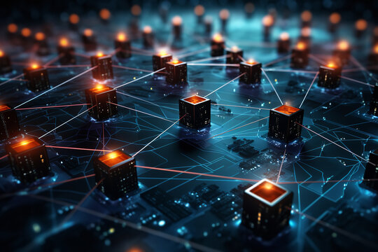 A vast web of interconnected nodes envelops a fortified digital core, illustrating the layers of protection in cybersecurity systems - Powered by Adobe