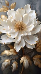 Golden and white flower on black marble background. White Magnolia Flower Wall Art. Abstract art painting for wall frames. Elegant light beige and bronze flower wall art. Ai generative. - obrazy, fototapety, plakaty