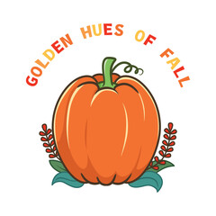 Cartoon pumpkin with autumn leaves and text 