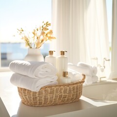 Fototapeta na wymiar Wicker baskets with clean white towels on a white countertop table with beautiful morning sunlight. Generative AI.