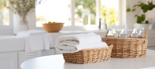 Wicker baskets with clean white towels on a white countertop table with beautiful morning sunlight. Generative AI.