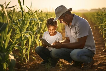 Father showing his son digital tablet business farming in corn field