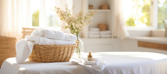 Fototapeta na wymiar Wicker baskets with clean white towels on a white countertop table with beautiful morning sunlight. Generative AI.