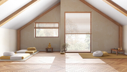 Minimal meditation room in white and yellow tones in wooden penthouse, pillows, tatami mats and decors. Ceiling beams and parquet floor. Japandi interior design