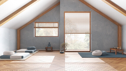 Minimal meditation room in white and yellow tones in wooden penthouse, pillows, tatami mats and decors. Ceiling beams and parquet floor. Japandi interior design