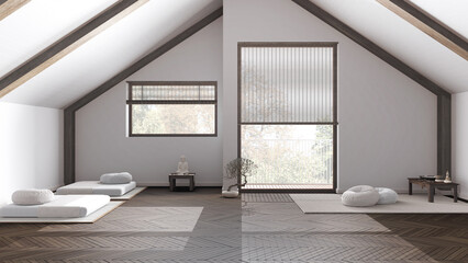 Fototapeta na wymiar Minimal meditation room in white and beige tones in dark wooden penthouse, pillows, tatami mats and decors. Ceiling beams and parquet floor. Japandi interior design
