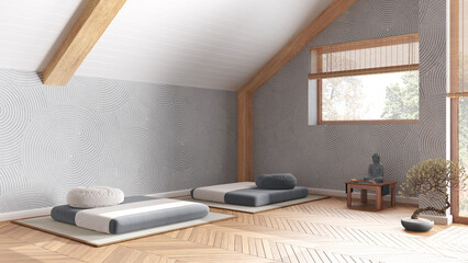 Minimal meditation room in white and gray tones in modern penthouse. Pillows, tatami mats and window. Wooden beams and parquet floor. Japanese interior design