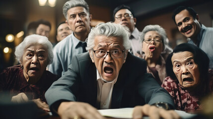 Asian people in the office. senior man with angry mood.
