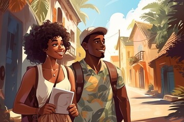 african american couple travelling in summer. Happy young Couple travelers