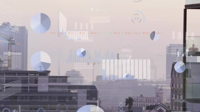 Animation of multiple graphs and trading board over modern buildings against sky
