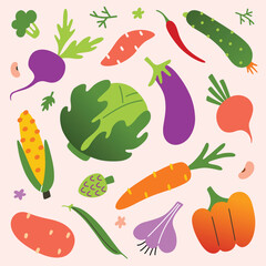 Vegetables collection, autumn harvest hand drawn set, doodle icons of carrot, cabbage, pepper, vector illustrations of greengrocer products, healthy vegetarian food, cooking ingredients
