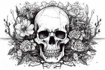 Skull with flowers and floral elements. Hand-drawn illustration. Generative AI.