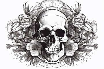 Skull with flowers. Hand drawn vector style illustration. Tattoo art. Generative AI.
