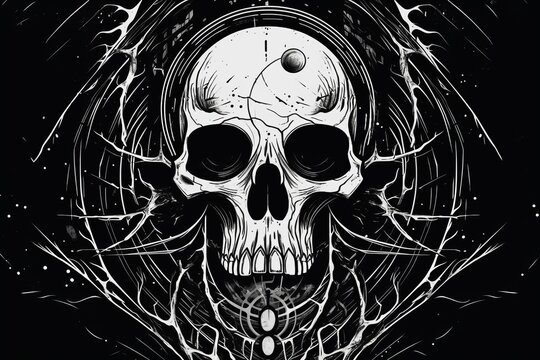 Skull art illustration grunge drawing vintage design tattoo on black background. Generative AI.