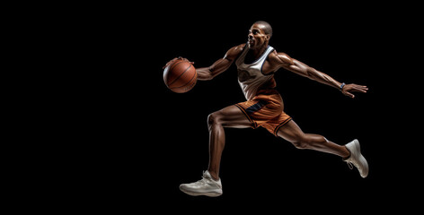 Fototapeta na wymiar poster concept black athlete man playing basketball banner copy space space for text