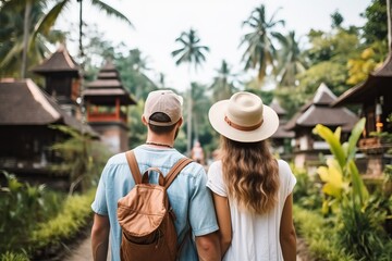 Fototapeta premium rear view couple travelling in summer. Happy young Couple travelers