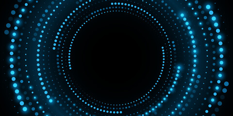 Digital circles of blue glowing dots for your banner design. Big Data visualization into cyberspace with swirl energy. Network Information. Modern background. Vector illustration.