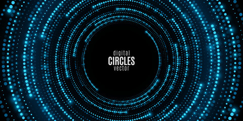 Digital circles of blue glowing dots for your futuristic cover. Big Data visualization into cyberspace with swirl energy. Network Information. Modern background. Vector illustration.