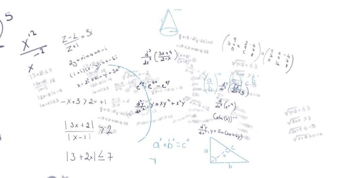 Animation of mathematical equations, diagrams and formulas floating against white background