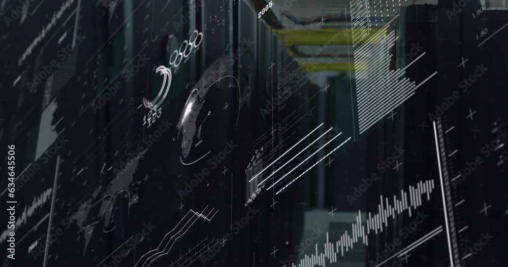 Poster animation of interface with spinning globe and data processing against computer server room